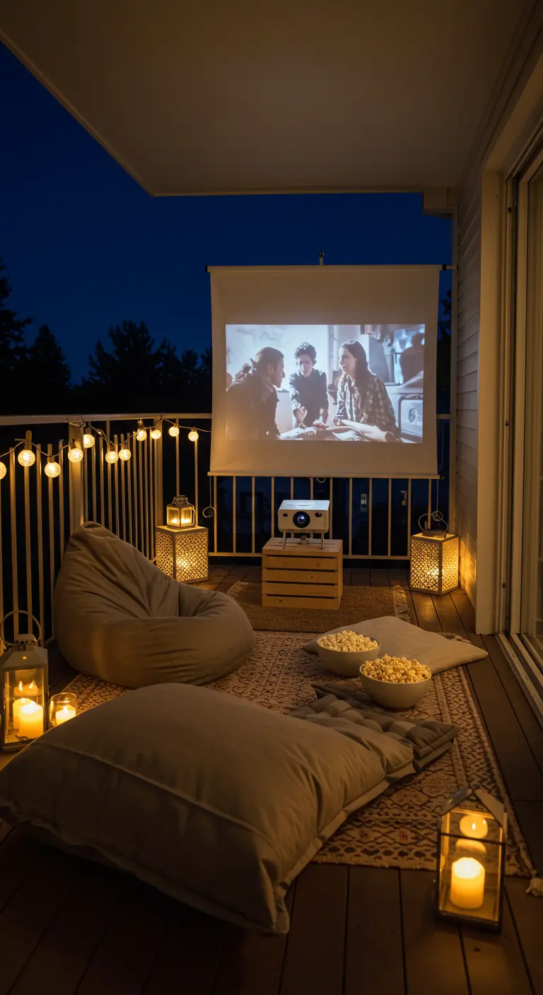 Cine al aire libre en un balcón con proyector, cojines y palomitas.