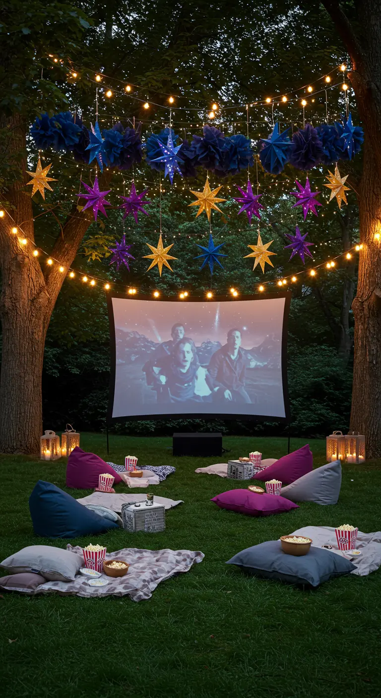 Cine de verano en un jardín con una pantalla, cojines y guirnaldas de estrellas de papel.