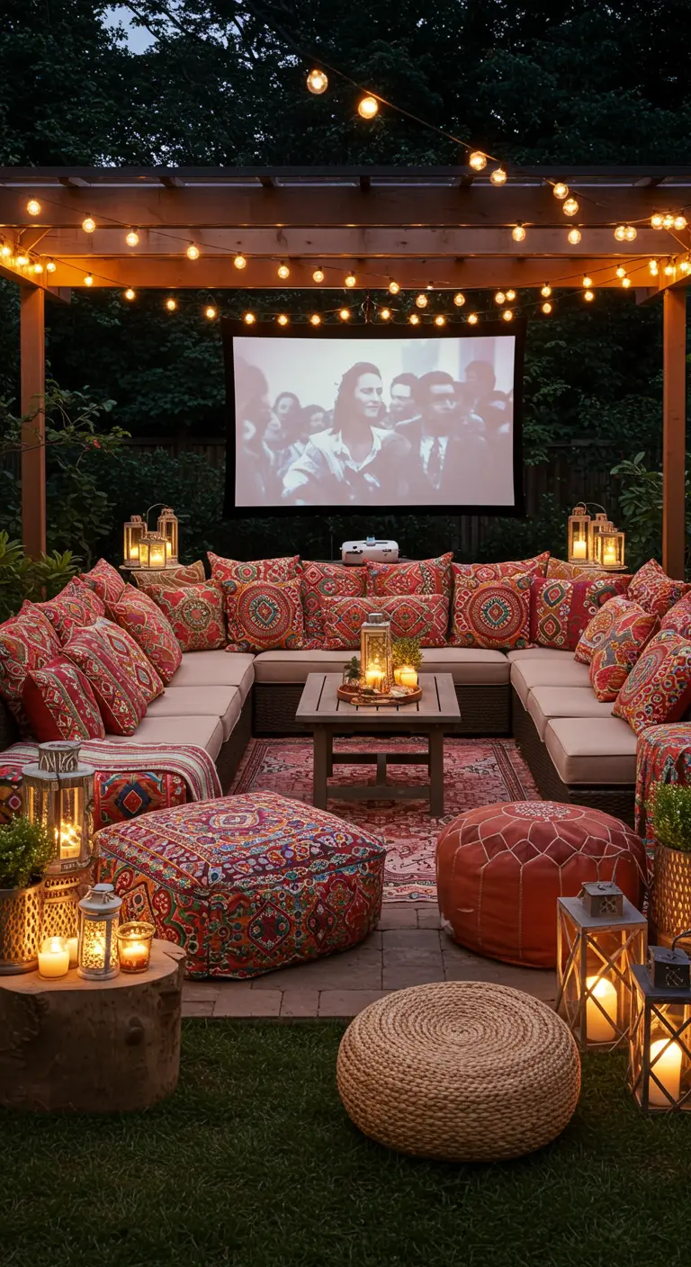 Cine de verano en el jardín con proyector, sofá en U, pufs y multitud de farolillos.