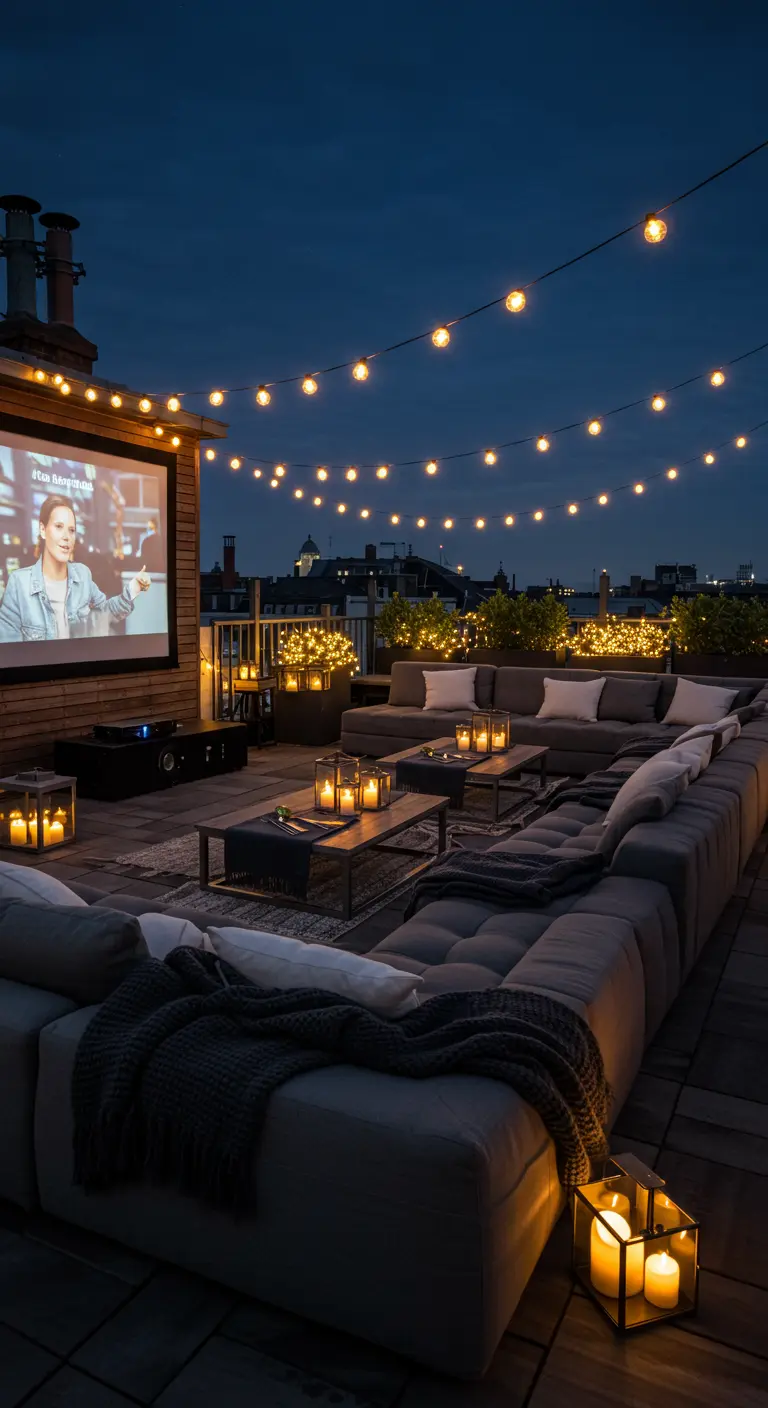 Azotea de noche con un proyector, sofás modulares, muchas mantas y luces.
