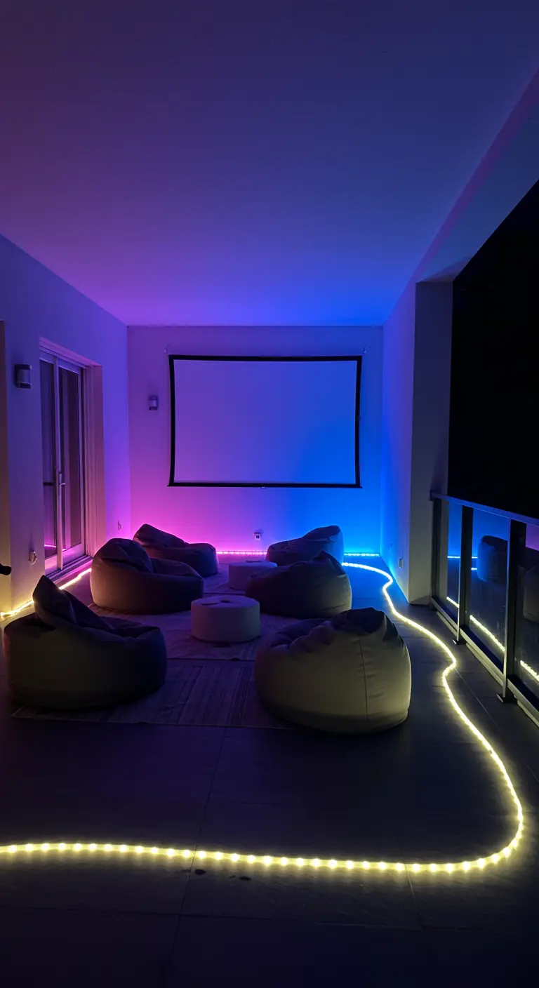 Balcón configurado como un cine al aire libre con proyector, pufs y luces LED azules y moradas