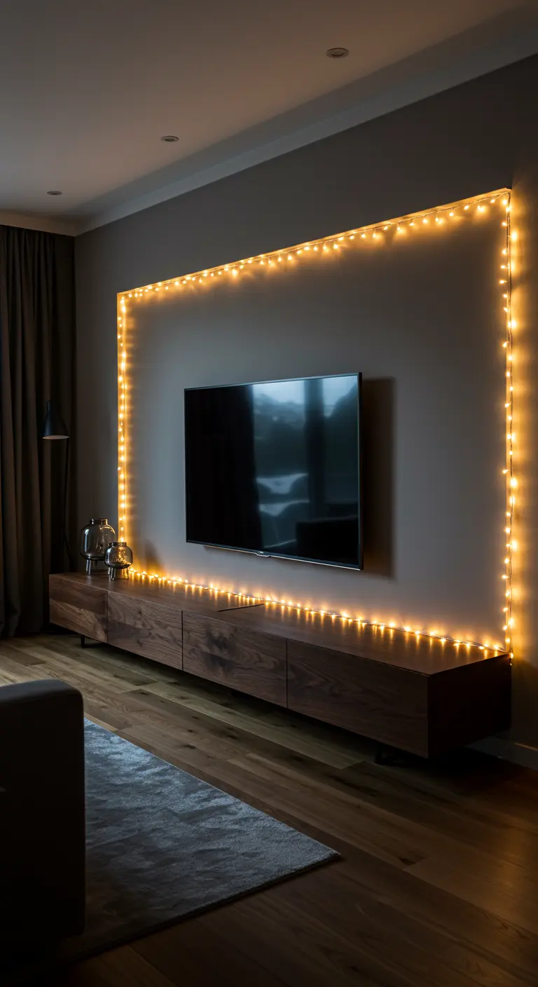 Televisión de pantalla plana montada en la pared y enmarcada por luces de hadas cálidas