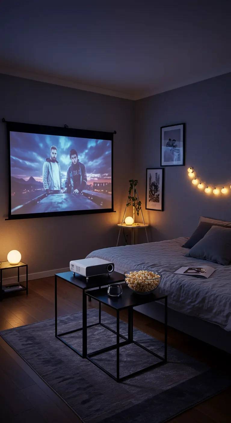 Mesas nido negras utilizadas para un proyector y palomitas en un dormitorio oscuro