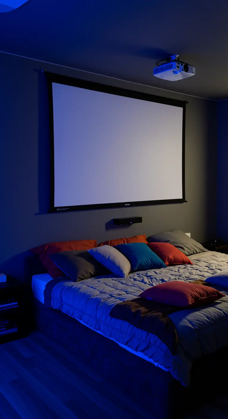 Dormitorio oscuro con una gran pantalla de proyector en la pared, funcionando como un cine en casa.
