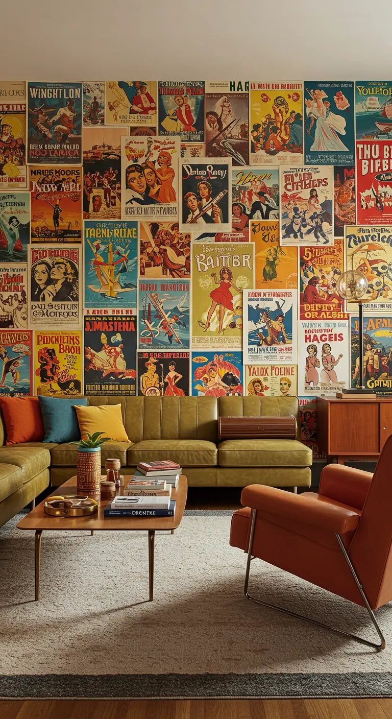 Pared de salón completamente cubierta con un collage de pósteres de películas vintage