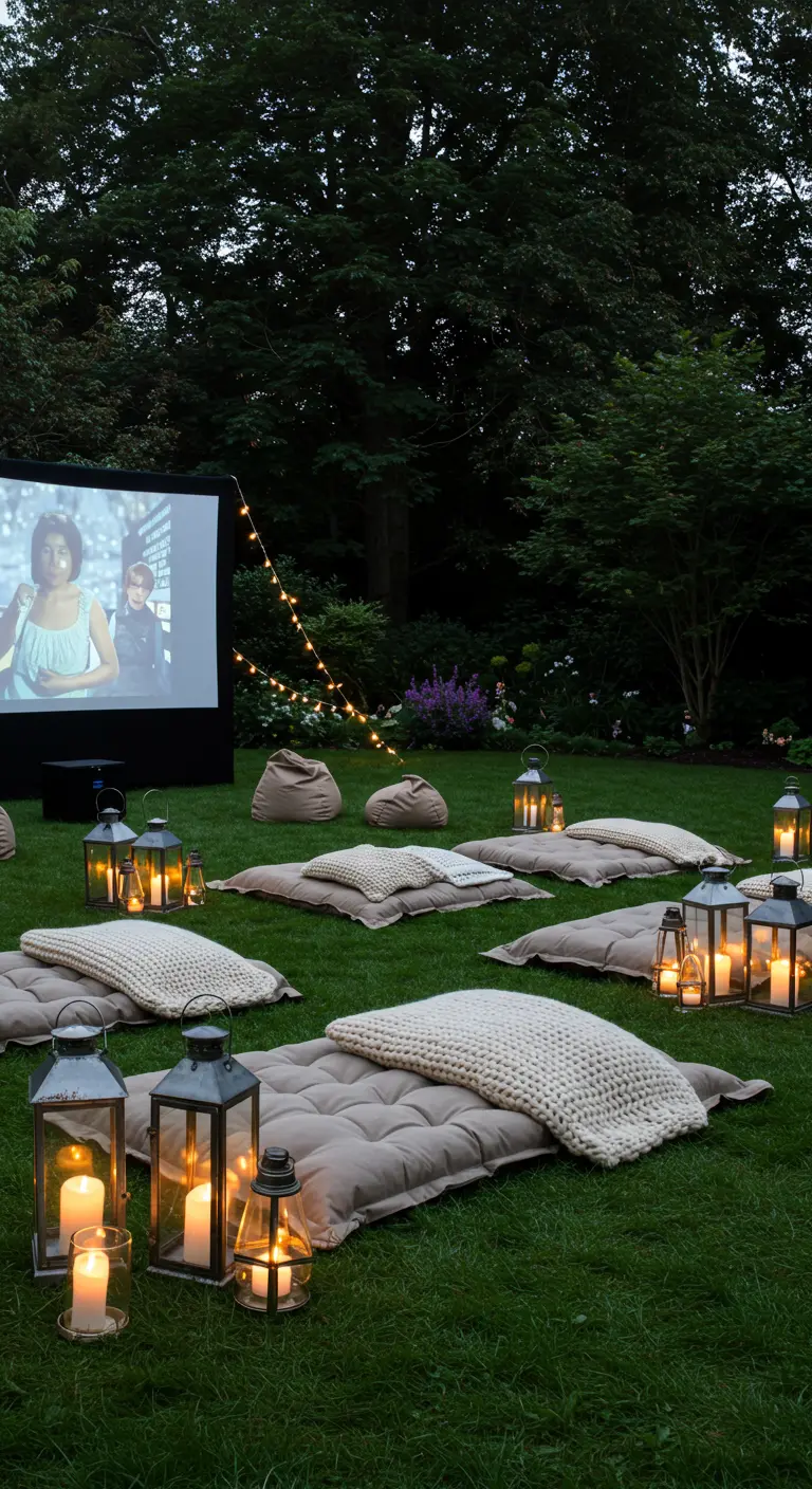 Cine al aire libre en el césped con una pantalla, cojines, mantas de punto y muchos faroles.