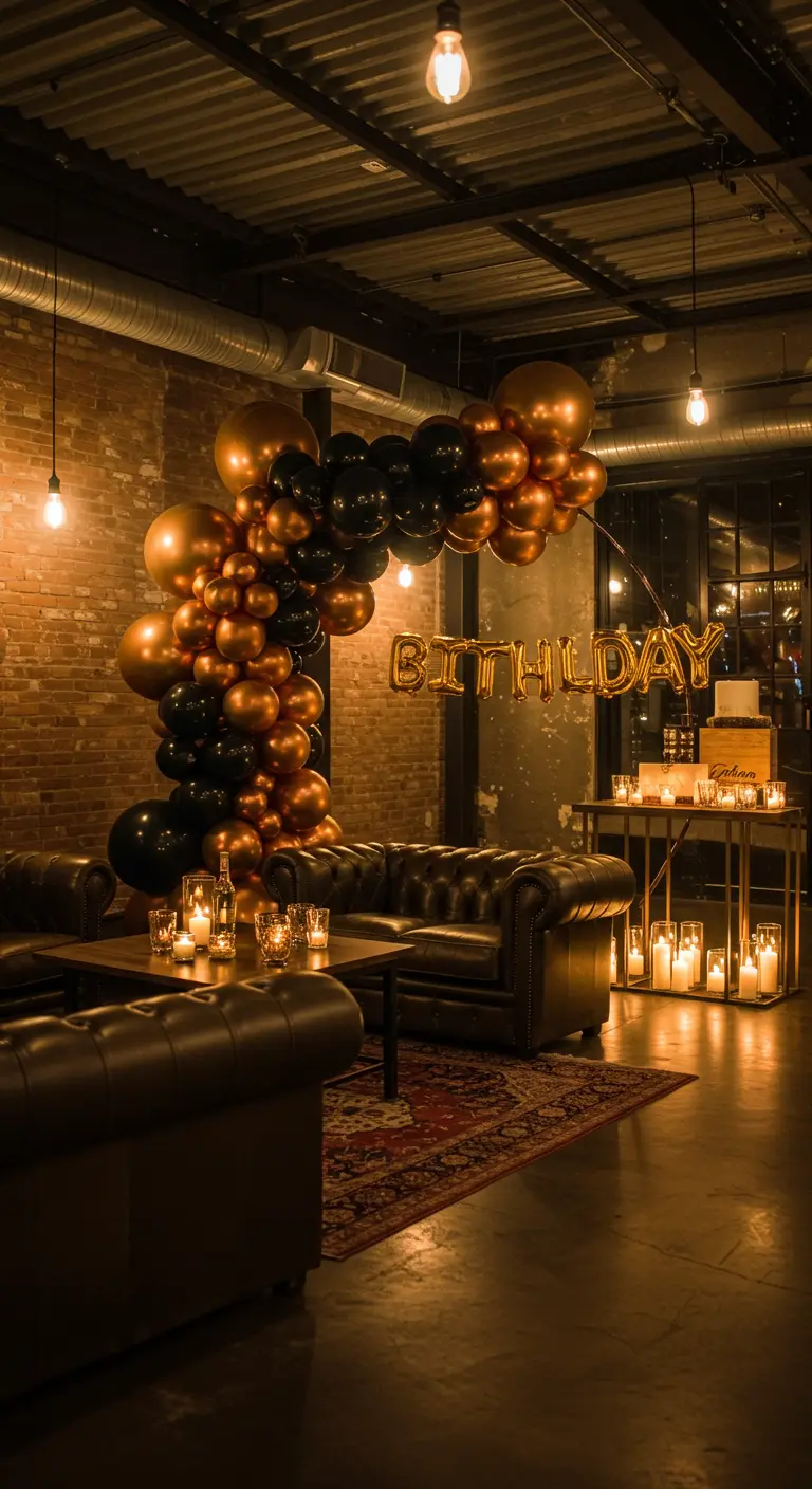 Arco de globos negro y cobre en una sala tipo lounge con sofás de cuero.
