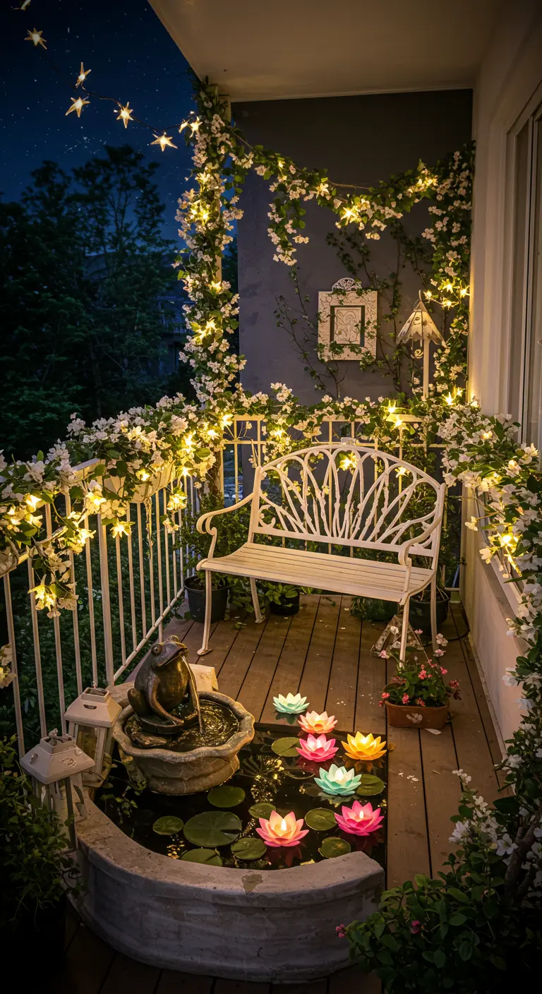 Balcón de cuento de hadas con luces de estrellas, flores blancas y un estanque con nenúfares LED flotantes