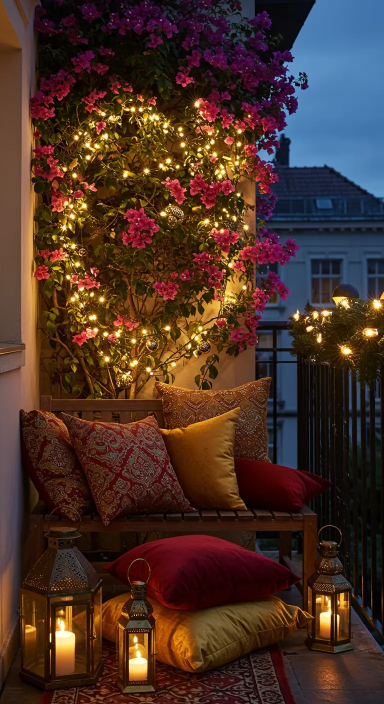 Balcón de noche con buganvilla iluminada, banco de madera y cojines rojos y dorados.
