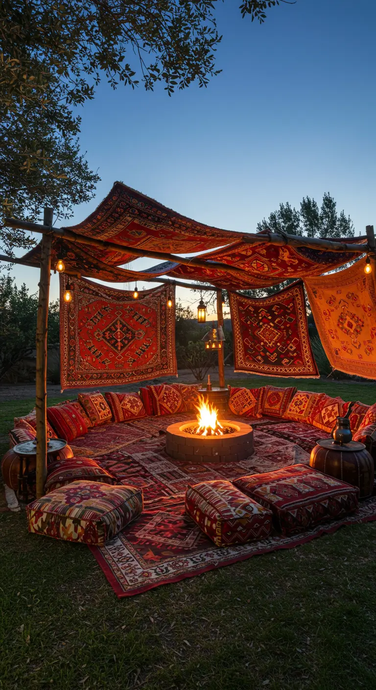 Círculo de alfombras y cojines en el suelo alrededor de un fuego, bajo un techo de alfombras colgantes.