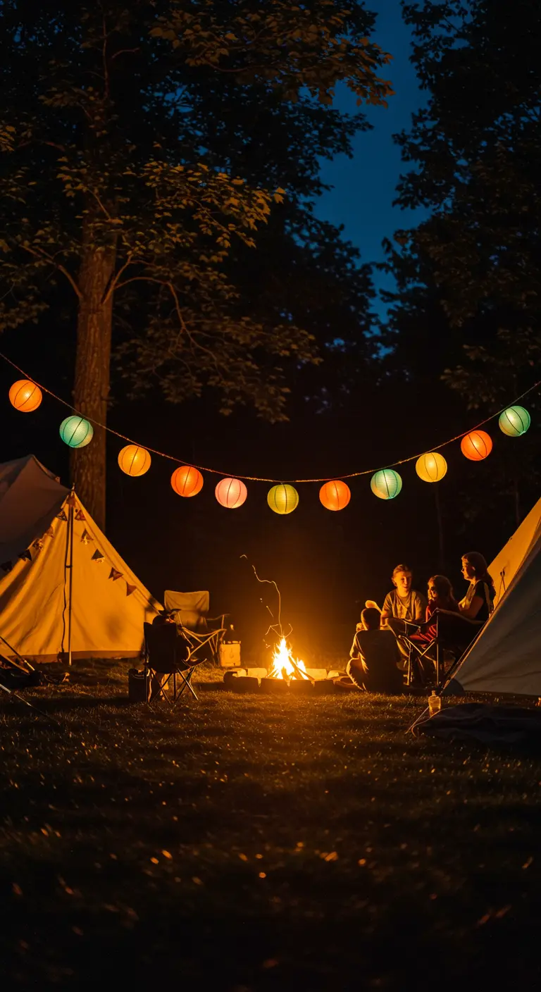 Campamento nocturno con hoguera, tiendas de campaña y una guirnalda de lámparas de colores.