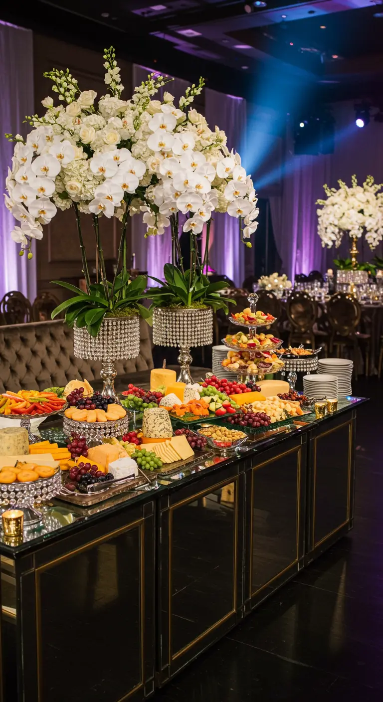 Mesa de quesos glamurosa sobre un mueble de espejo con orquídeas.