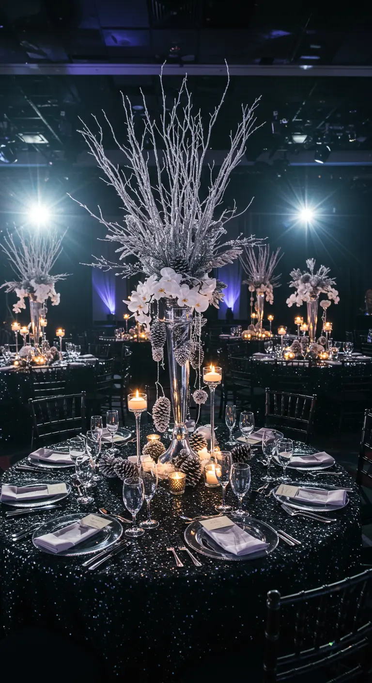 Mesa de gala redonda con mantel de lentejuelas negras y un centro de mesa alto y plateado.