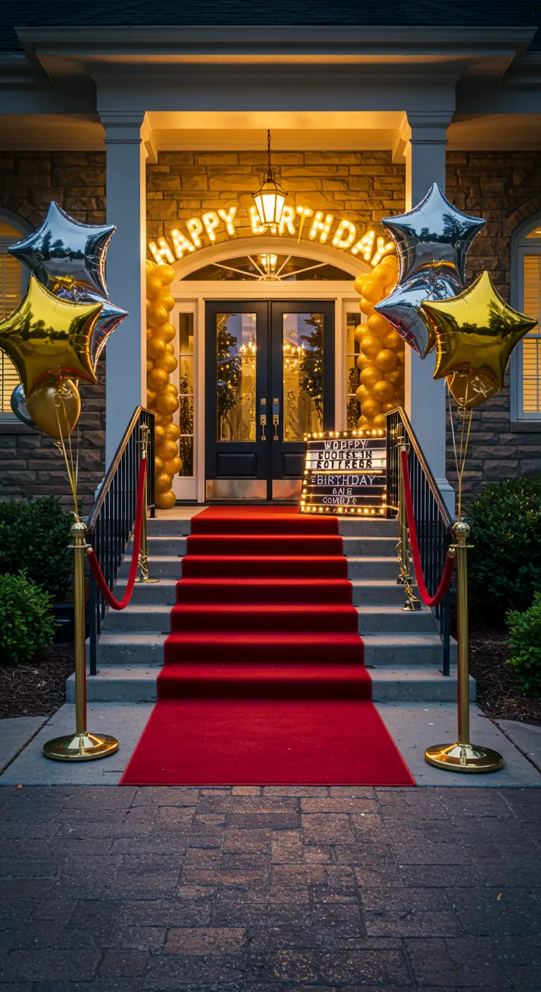 Entrada de cumpleaños con alfombra roja, globos dorados y plateados, y letrero luminoso.
