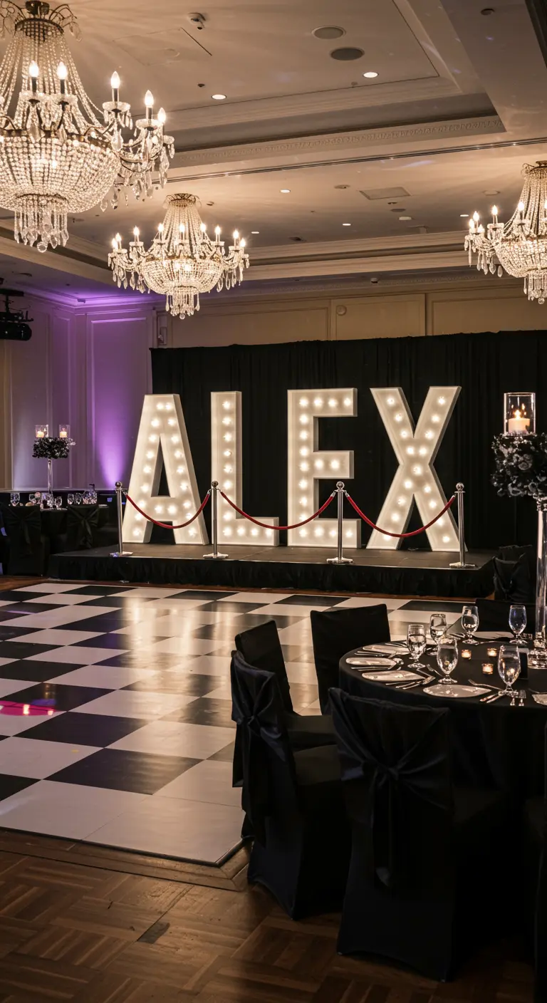 Letras 'ALEX' iluminadas en un escenario con cordón de terciopelo rojo en un salón de baile elegante.