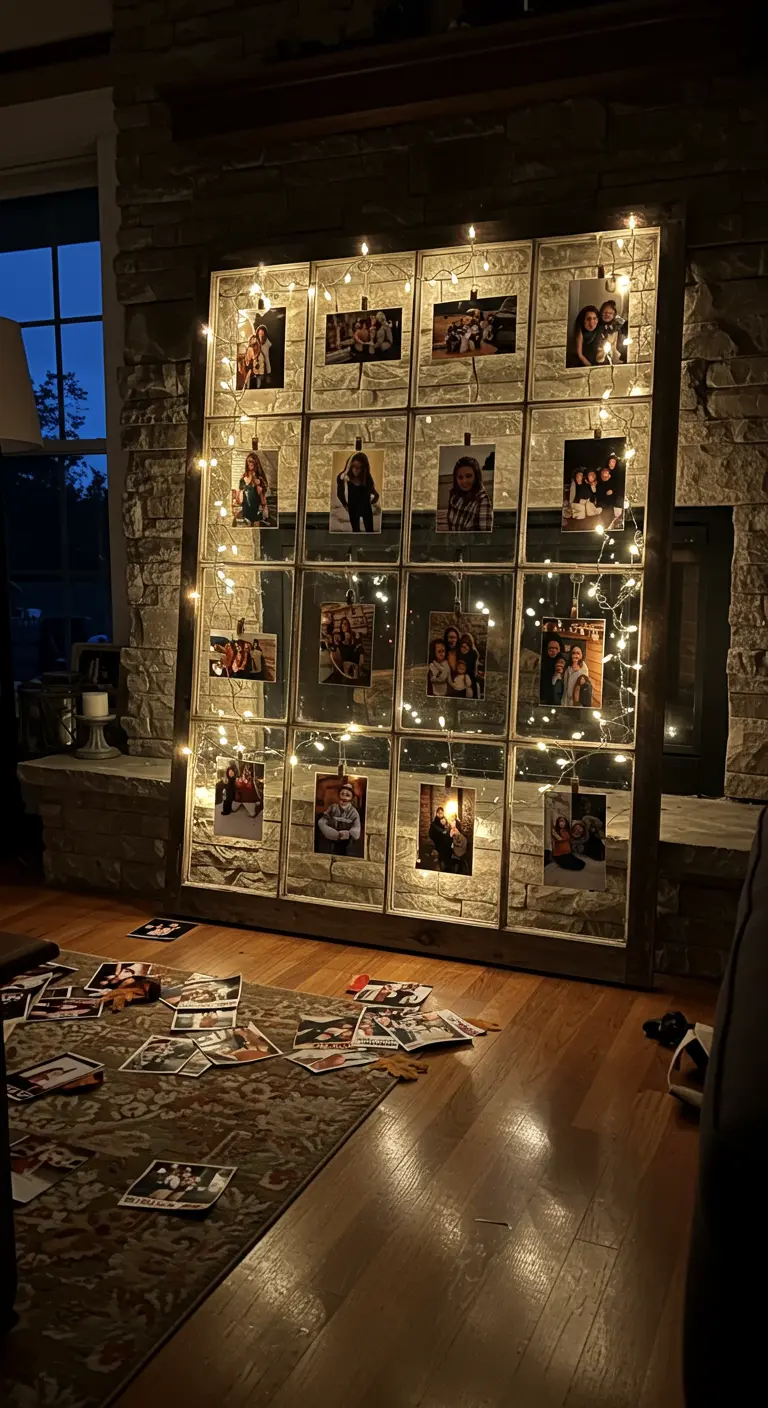 Marco de ventana de madera decorado con fotos y una guirnalda de luces cálidas.