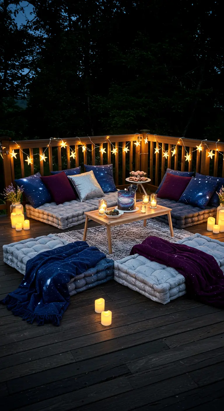 Terraza de madera con cojines de suelo, mantas y luces en forma de estrella.