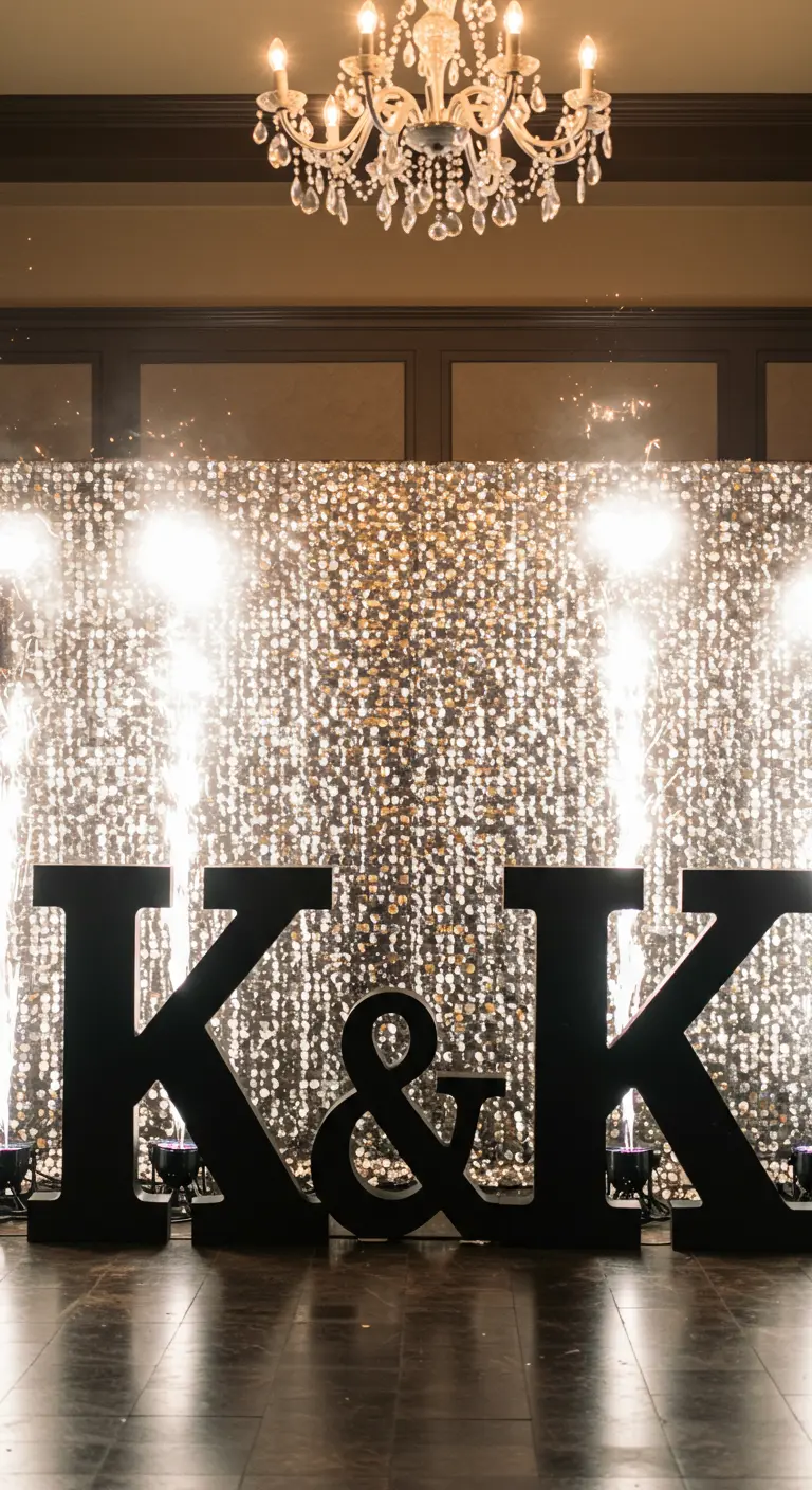 Iniciales negras 'K & K' frente a una pared de lentejuelas plateadas con fuegos artificiales de interior.