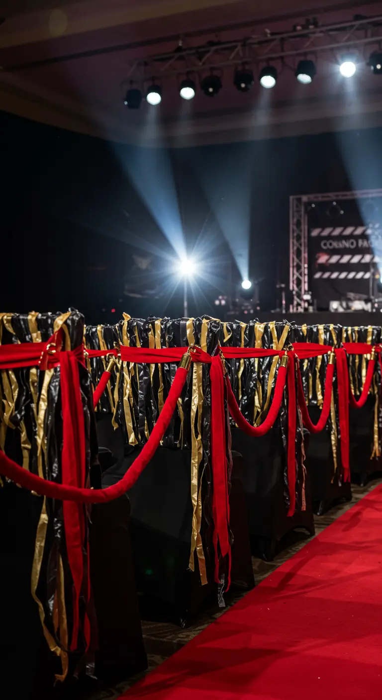 Sillas negras en un evento de alfombra roja, decoradas con cintas doradas y cordones de terciopelo rojo.