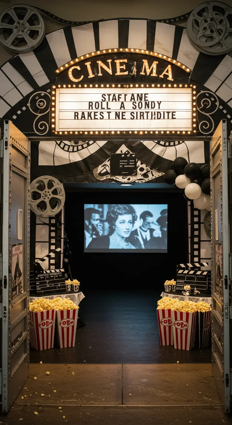 Entrada de cine vintage para una fiesta de cumpleaños con una marquesina iluminada.