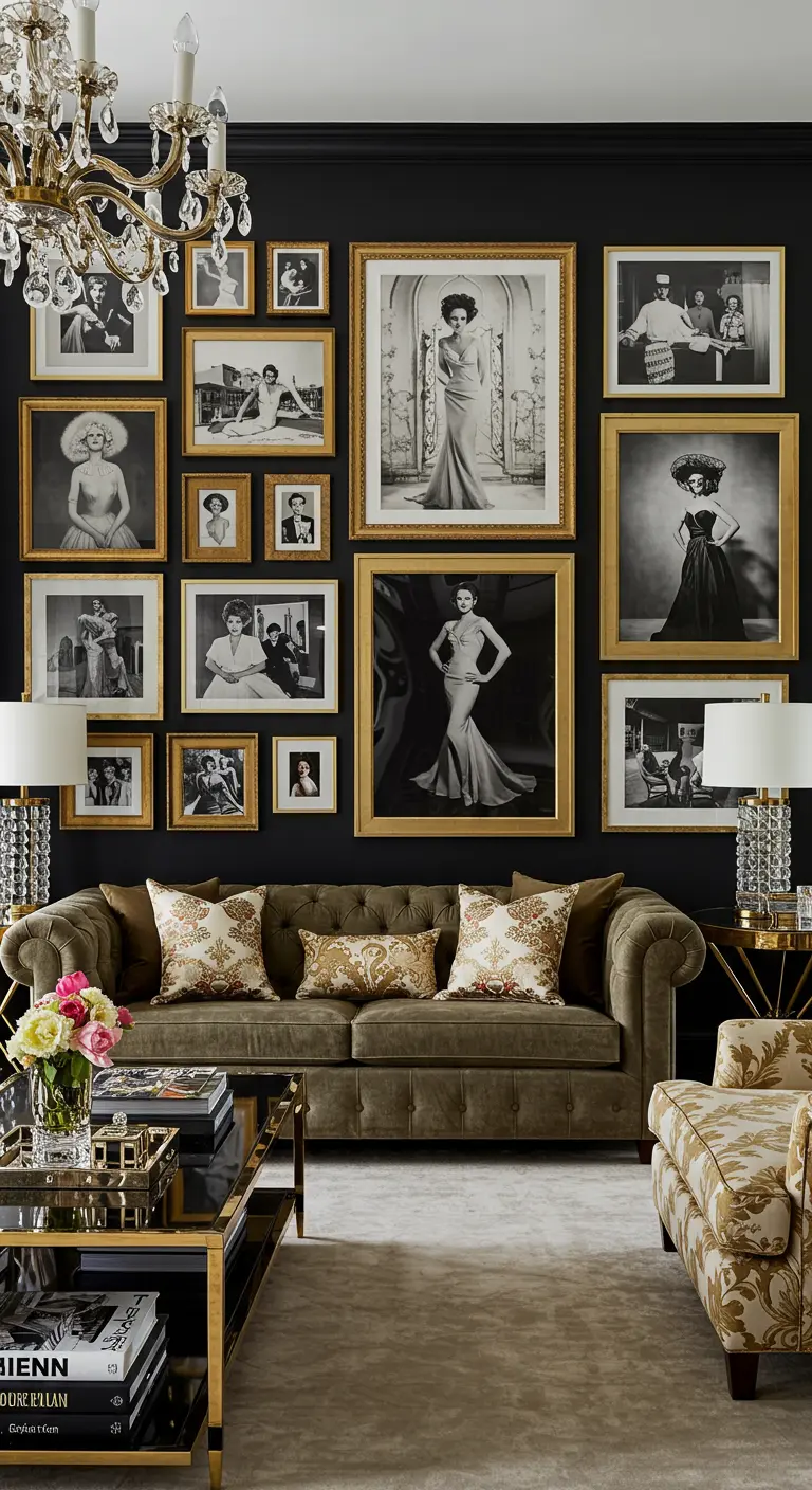 Pared de galería de lujo con fotografías de moda en blanco y negro y marcos dorados sobre una pared negra
