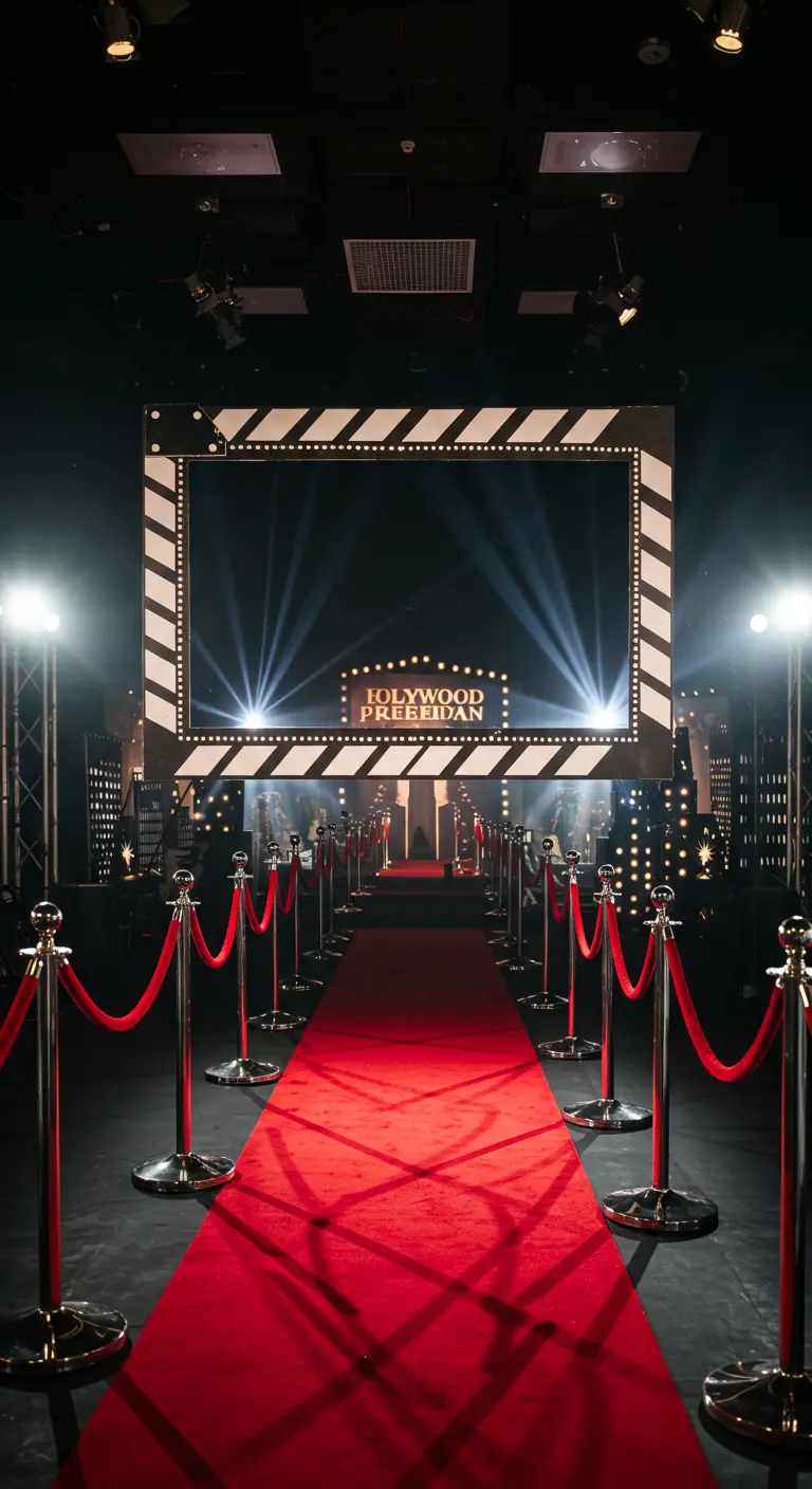 Photocall de estreno de Hollywood con alfombra roja, luces y marco de tira de película.