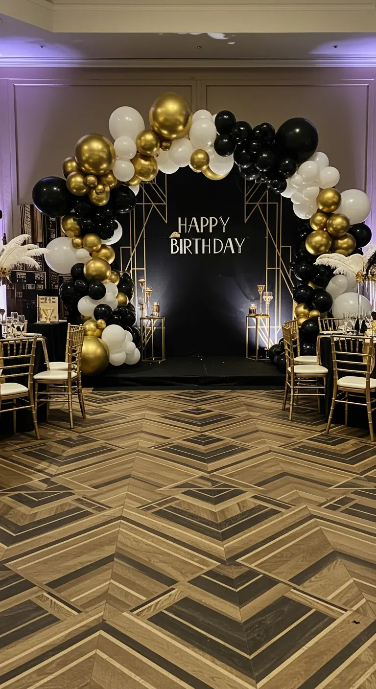 Arco de globos negro, blanco y dorado con un fondo Art Déco.