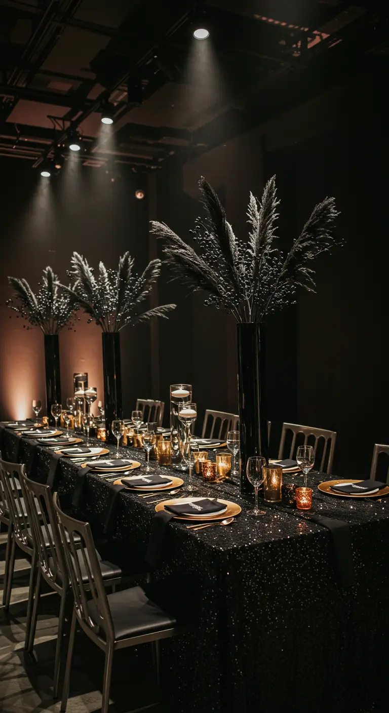 Mesa de gala con mantel negro de lentejuelas y altos jarrones negros con flores secas negras.