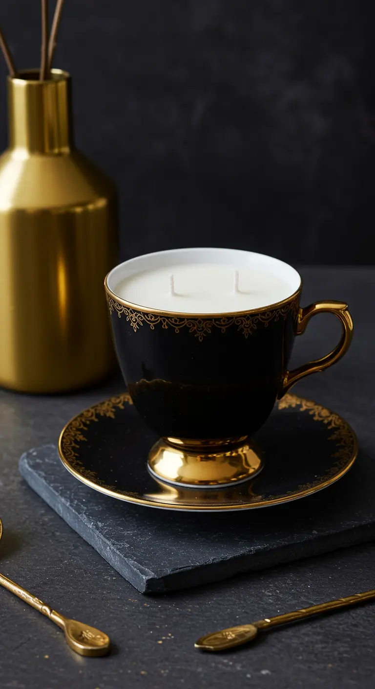 Vela blanca con dos pabilos en una elegante taza de té negra con detalles dorados