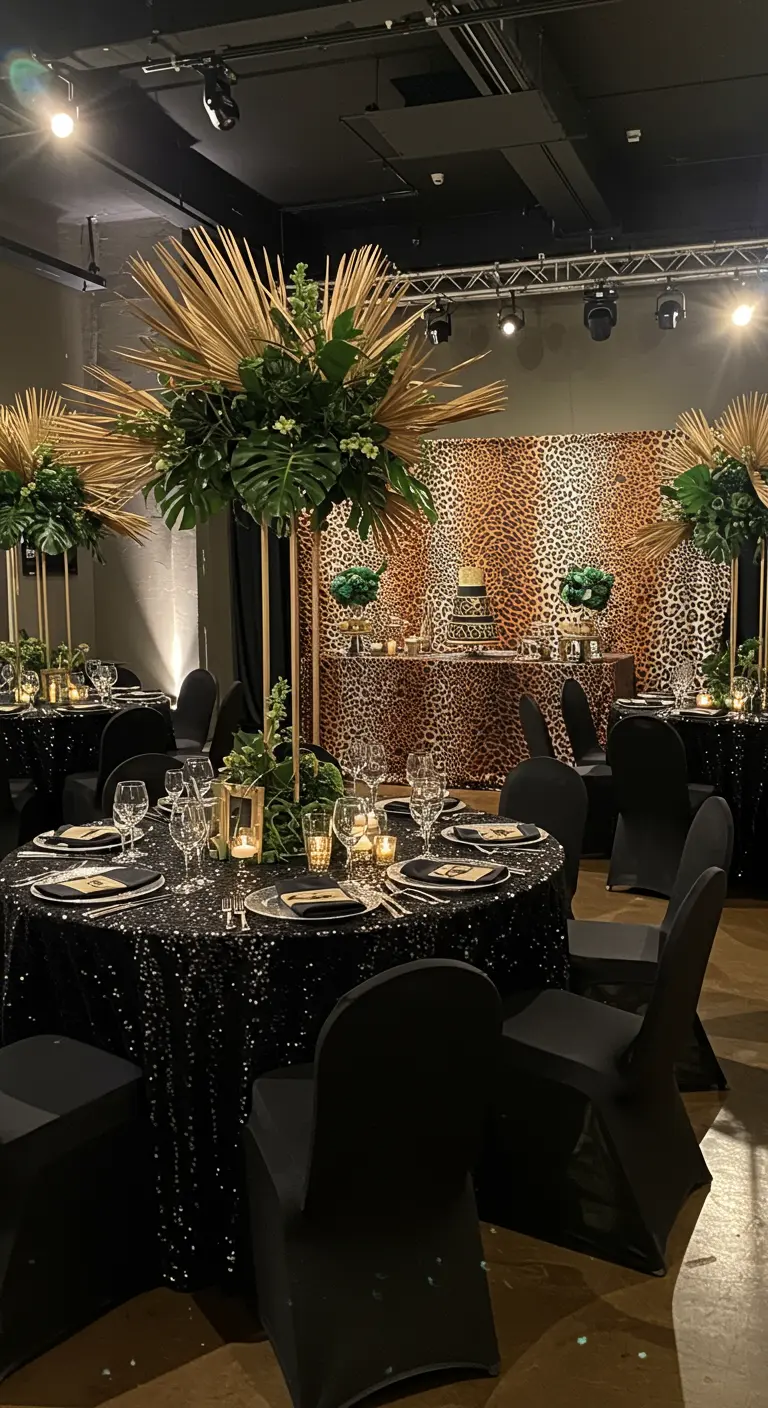 Elegante salón de fiesta con mesas negras, manteles de lentejuelas y decoración de leopardo.