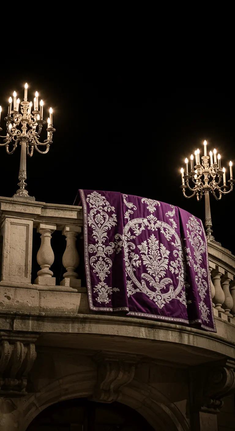 Balcón de piedra con candelabros ornamentados y un manto morado con patrones plateados.