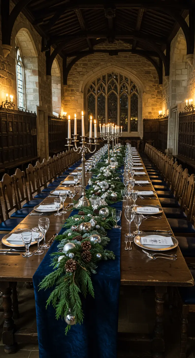 Larga mesa de banquete en un salón de piedra con decoración navideña en azul y plata.