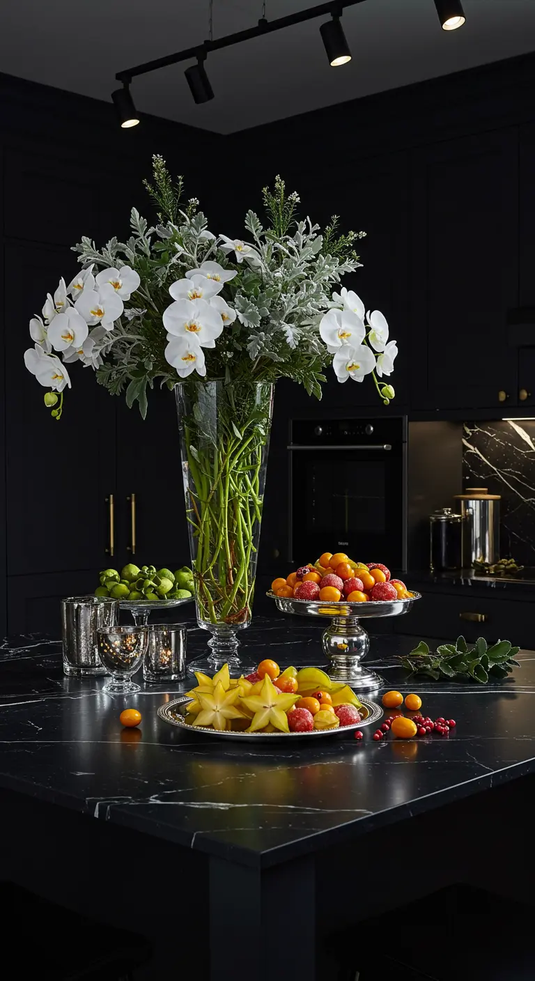 Isla de cocina negra con orquídeas blancas y bandejas de frutas exóticas.