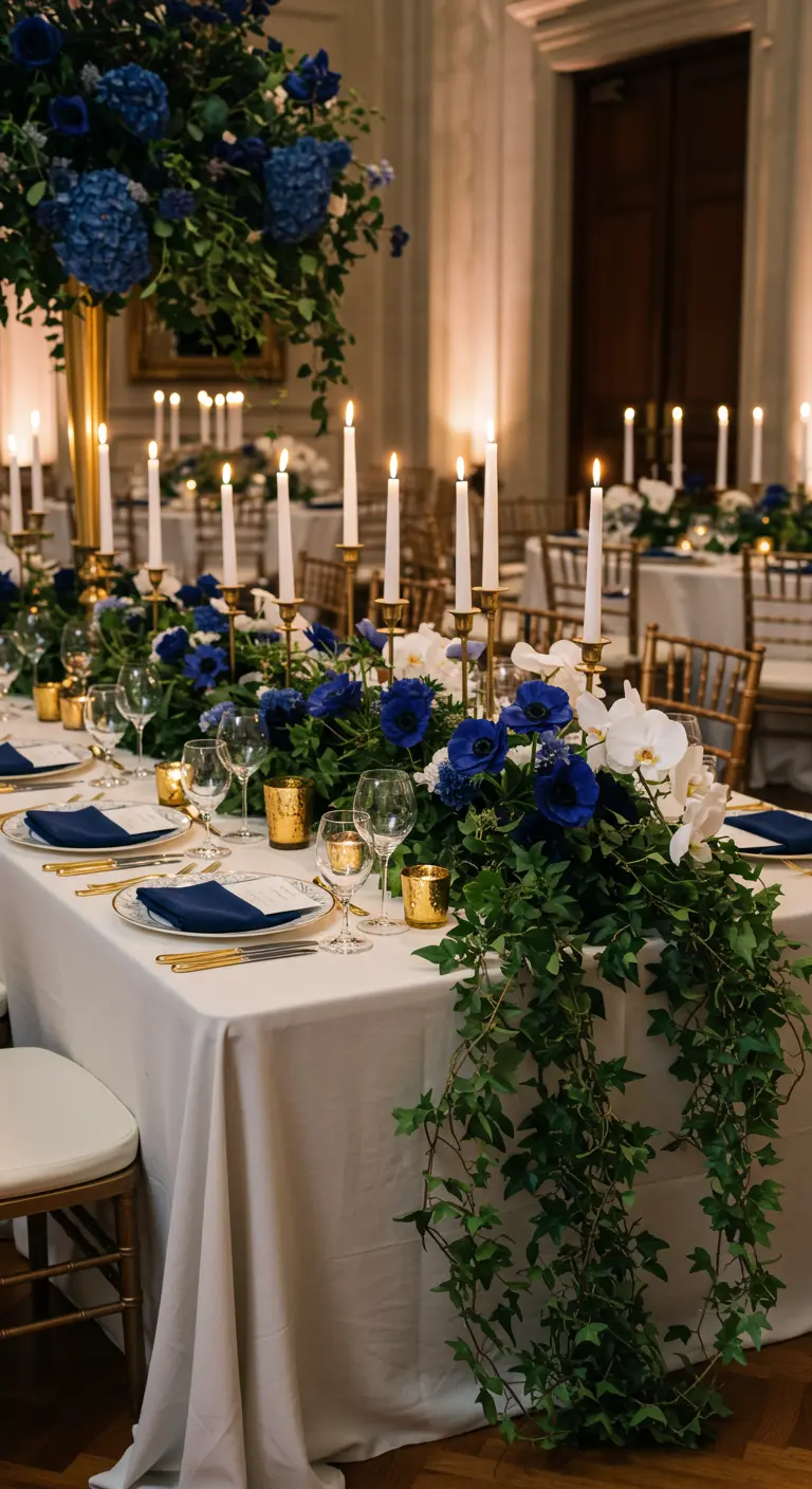 Mesa de bautizo lujosa con candelabros dorados, flores azules y hiedra colgante.