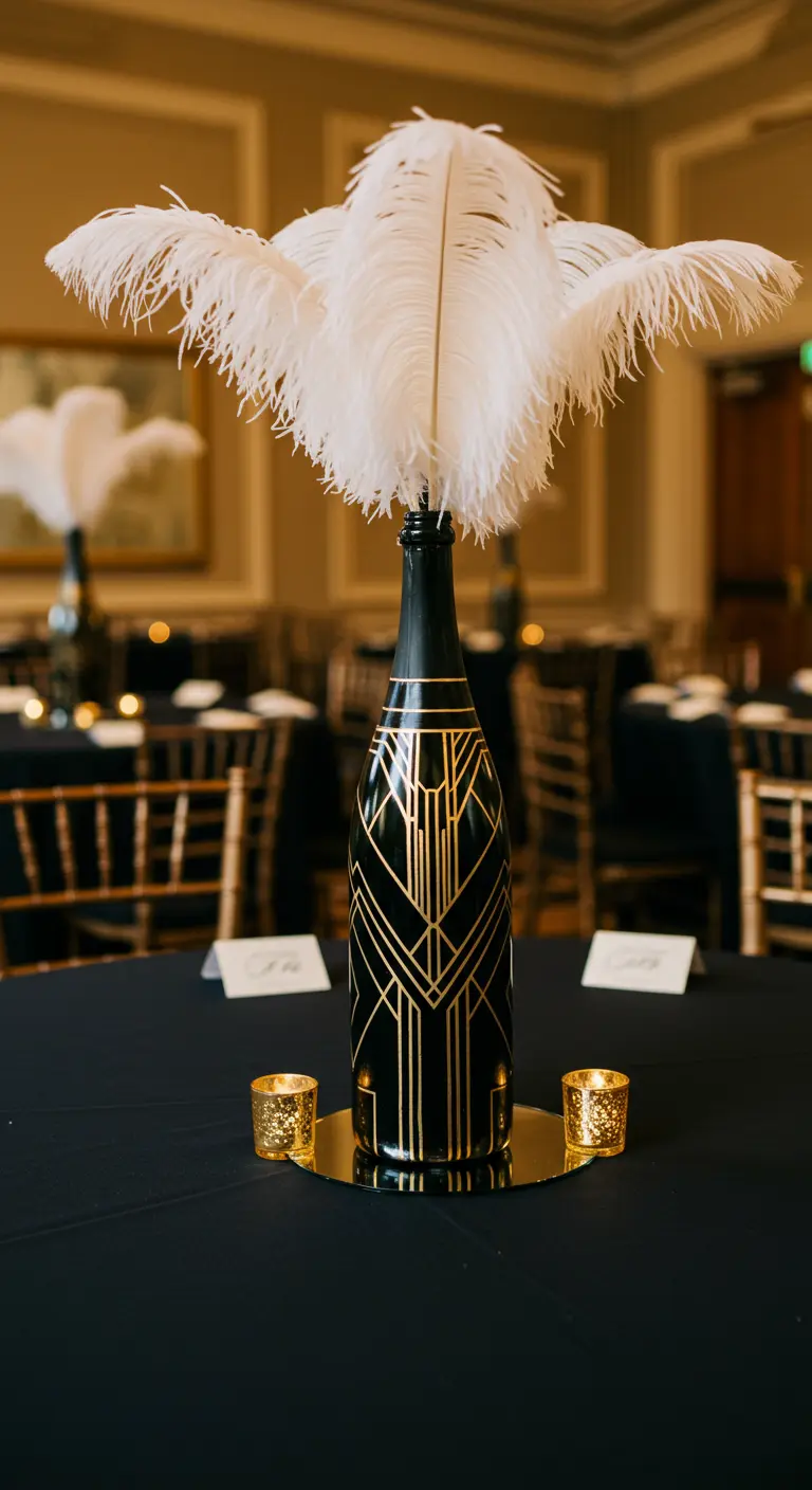 Botella de champán negra con diseño Art Déco dorado y una pluma blanca en la parte superior.
