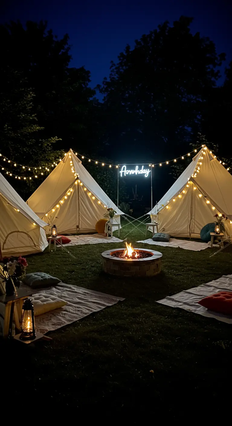 Zona de glamping con tipis, una hoguera y un letrero de neón con una palabra.