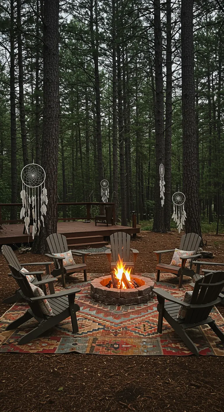 Hoguera en el bosque con sillas Adirondack, una alfombra étnica y atrapasueños blancos en los árboles
