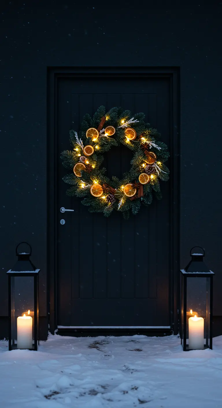 Corona de pino y naranjas secas con luces en puerta negra de noche.