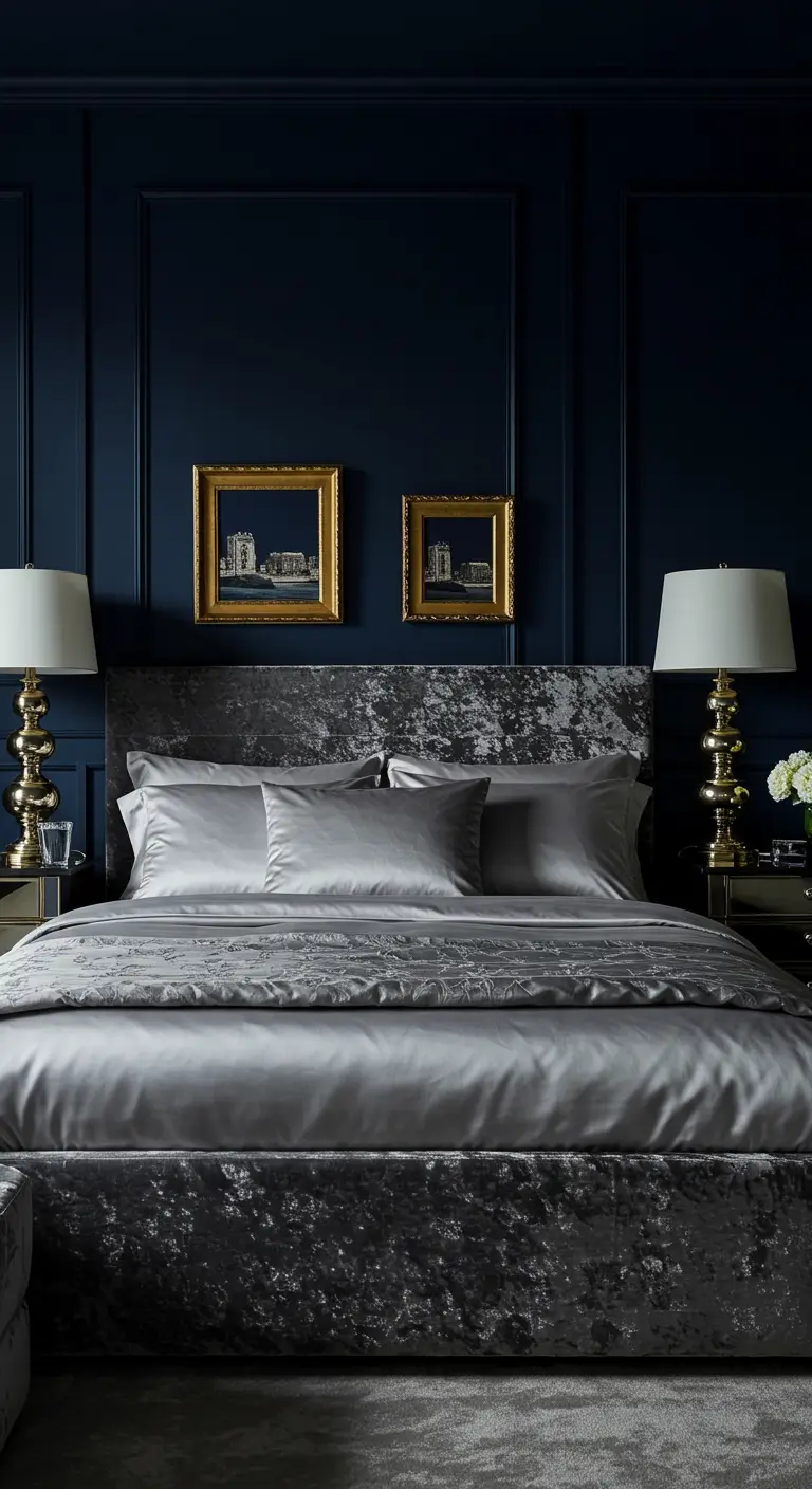 Dormitorio de lujo con paredes azul marino, cama de terciopelo gris y ropa de cama de satén.