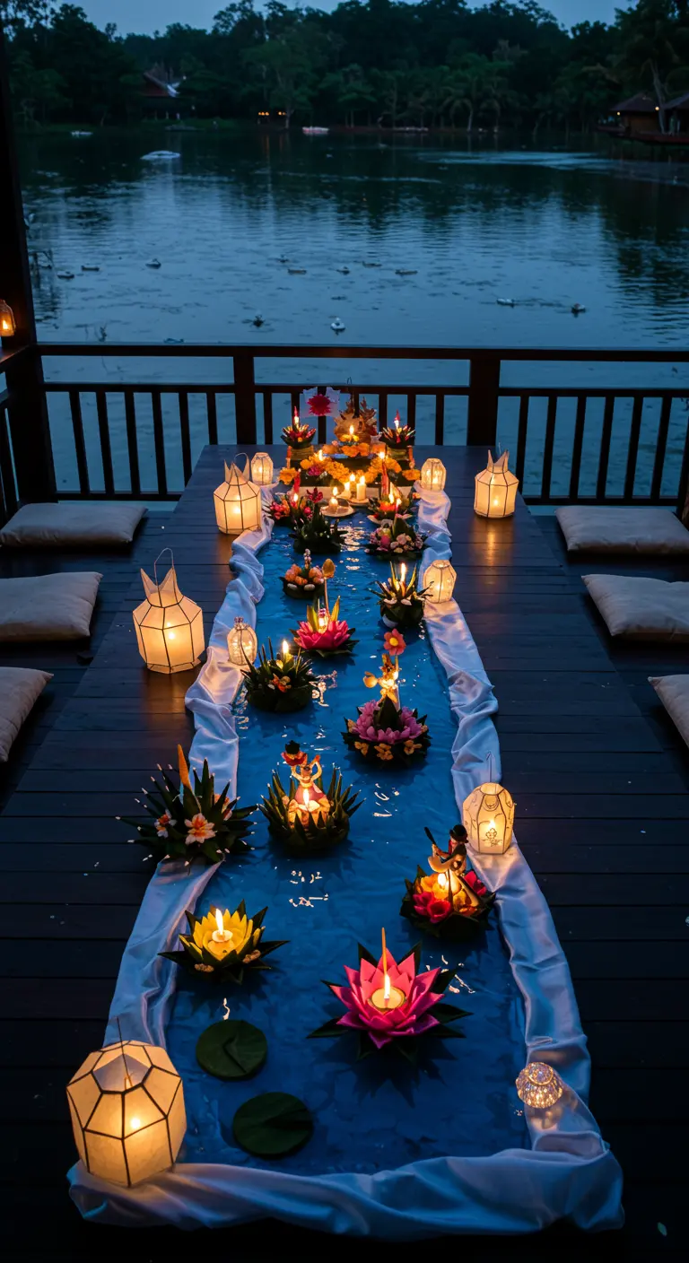 Mesa junto a un lago decorada como un río con barquitos de flores y velas flotantes.