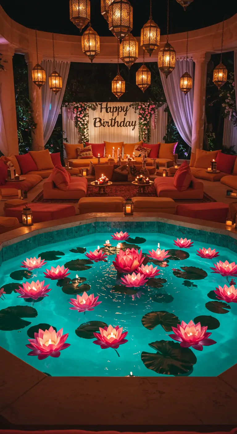 Piscina de noche iluminada con docenas de velas flotantes en forma de flor de loto.