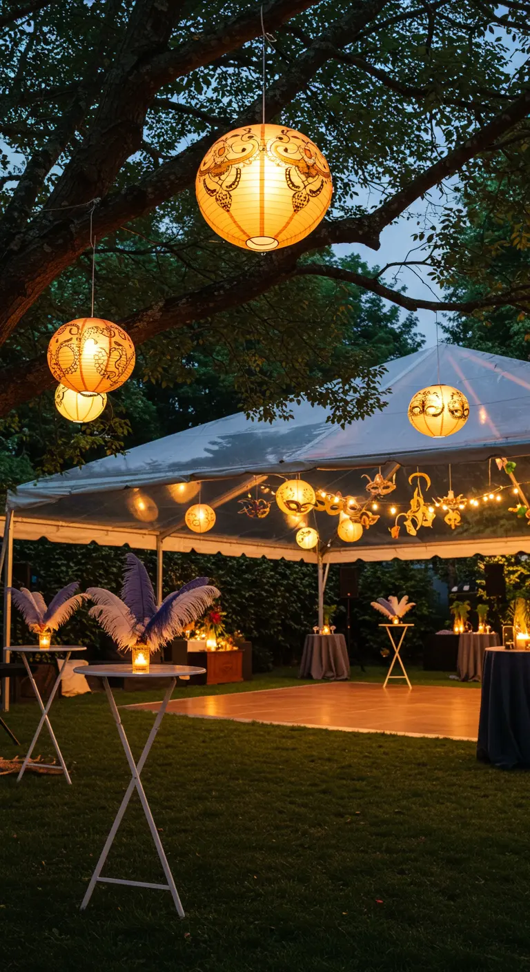 Jardín de noche con una carpa, iluminado con farolillos de papel colgando de un árbol.