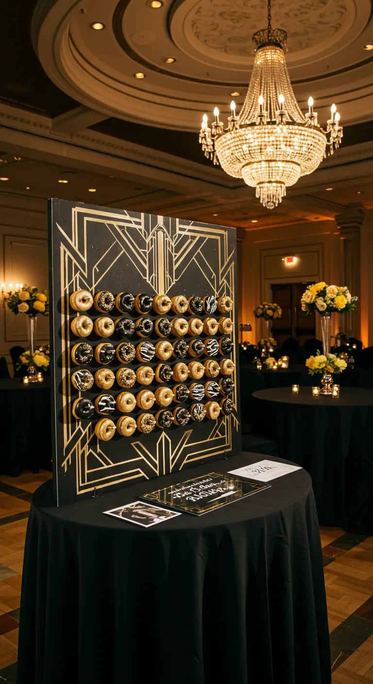 Pared de donuts negra y dorada con un diseño Art Decó en un elegante salón de baile.