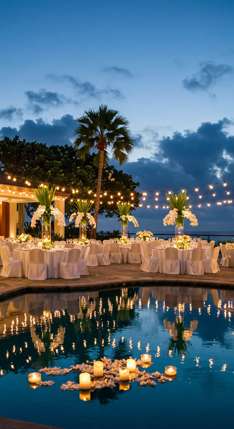 Elegante fiesta nocturna junto a una piscina con luces de cadena y velas flotantes.