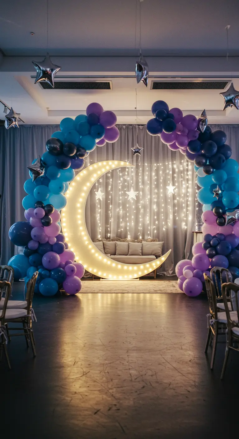 Arco de globos en tonos azules y morados alrededor de una gran luna iluminada.