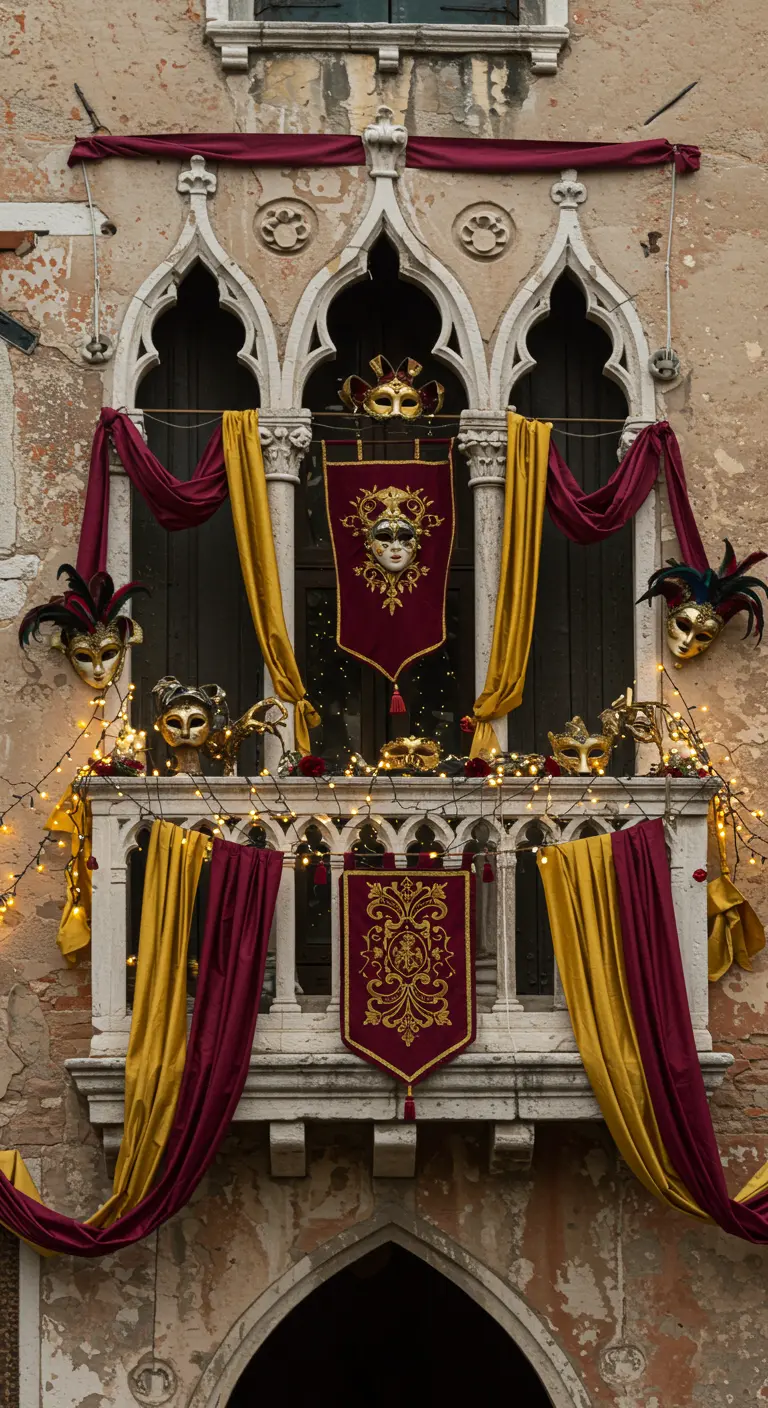 Balcón de estilo veneciano ornamentado con telas de terciopelo, máscaras de carnaval y luces.