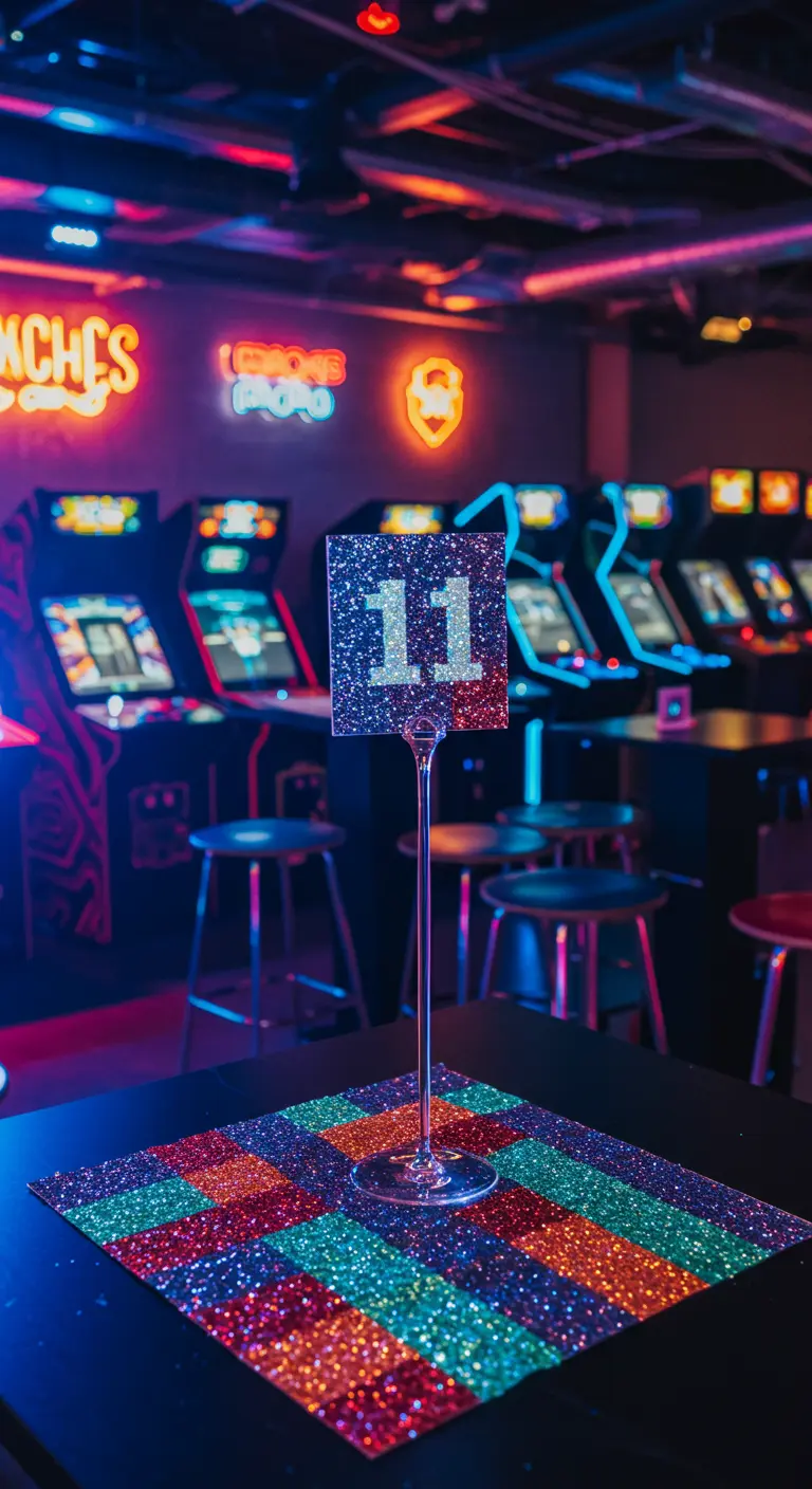 Número de mesa de glitter plateado en un salón de recreativas con luces de neón.
