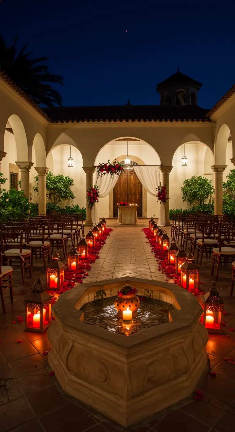 Patio de estilo hacienda con un camino de faroles y velas rojas hacia el altar.