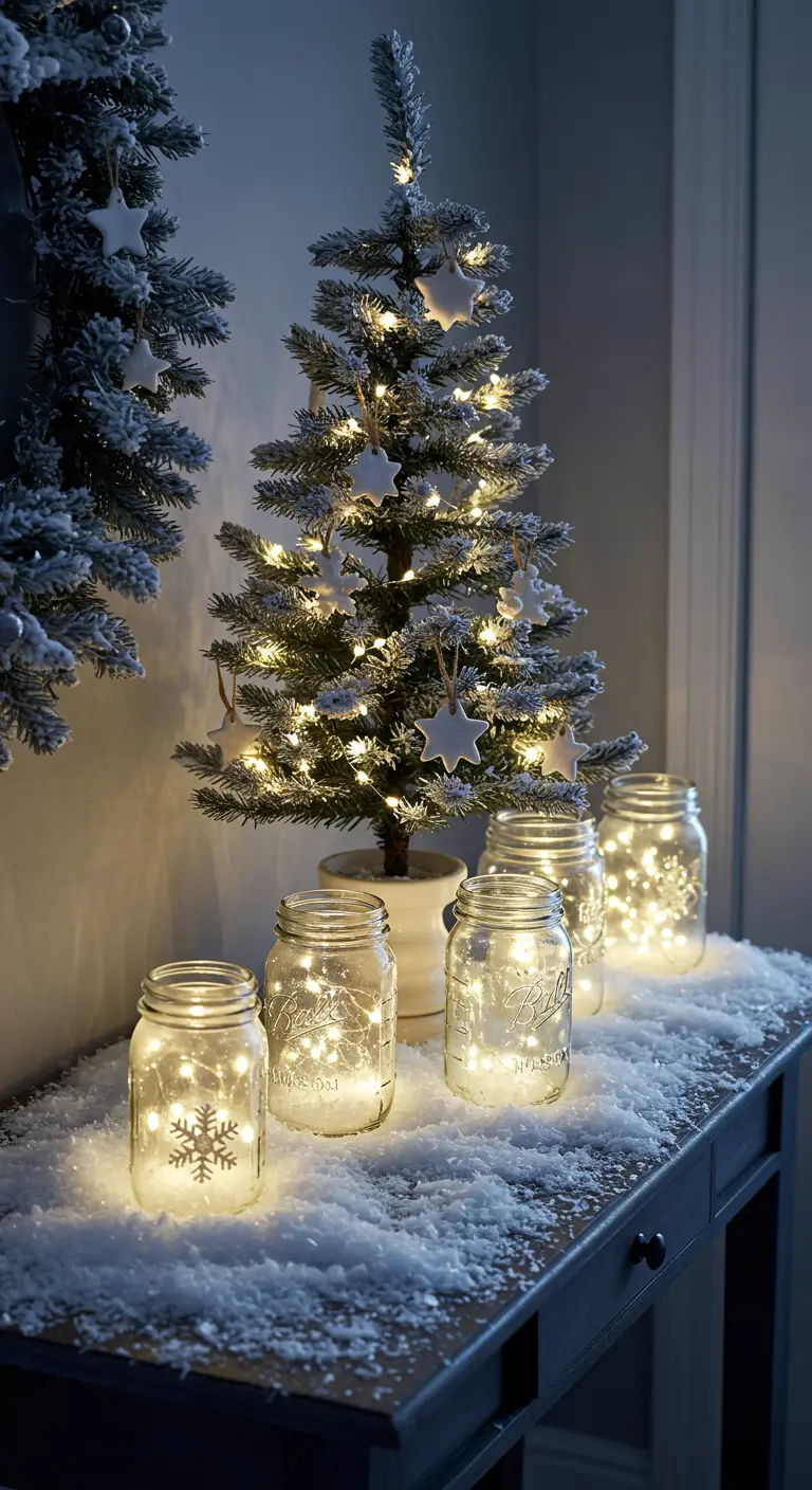 Mesa decorada con un mini árbol de Navidad nevado y tarros de cristal llenos de luces de hadas.