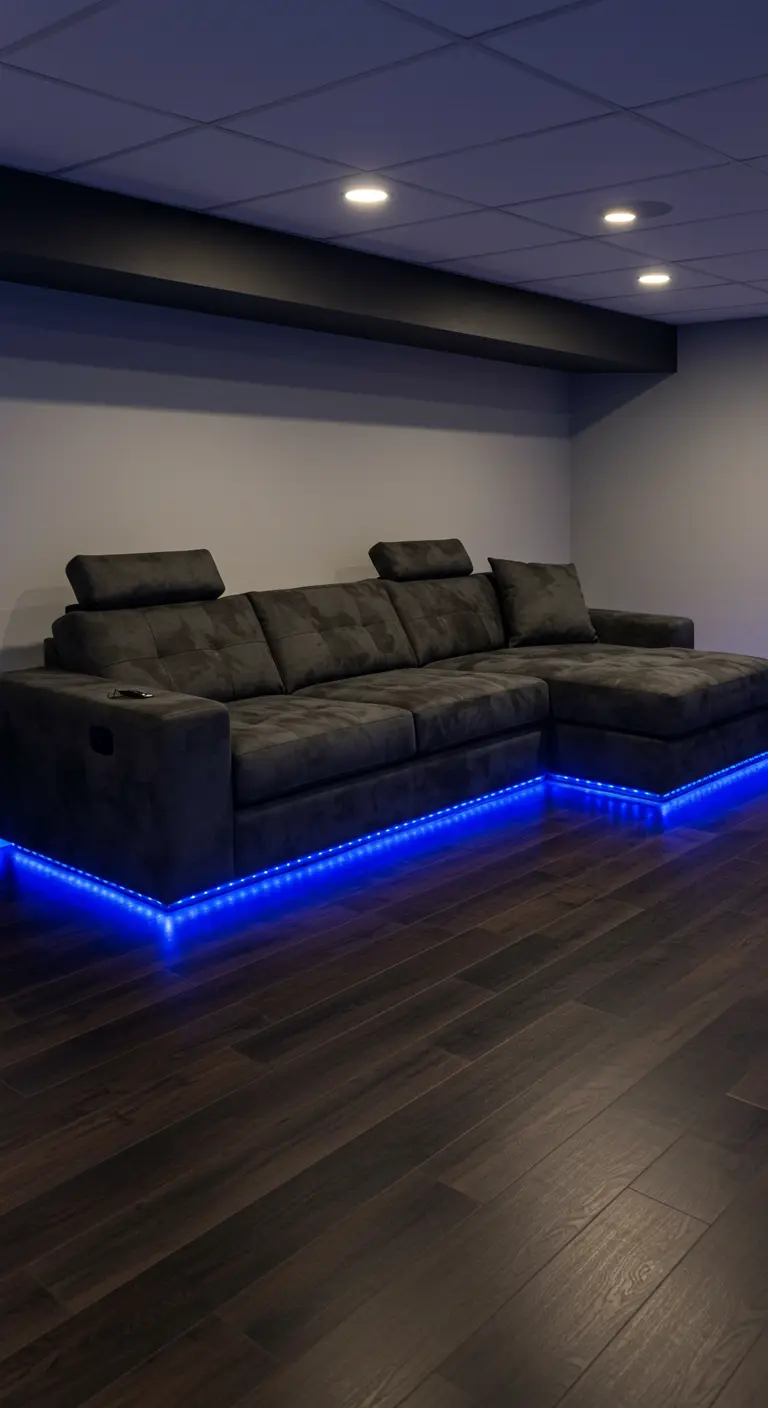 Sofá cama seccional oscuro con luces LED azules en la base, ideal para una sala de cine.